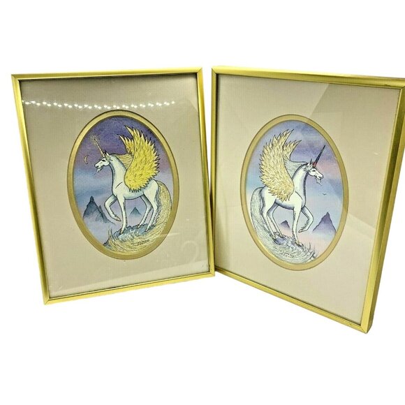 Janice Livesey Winged Unicorn Watercolor Print Pair Art Framed 1986 Signed VTG - Picture 1 of 12